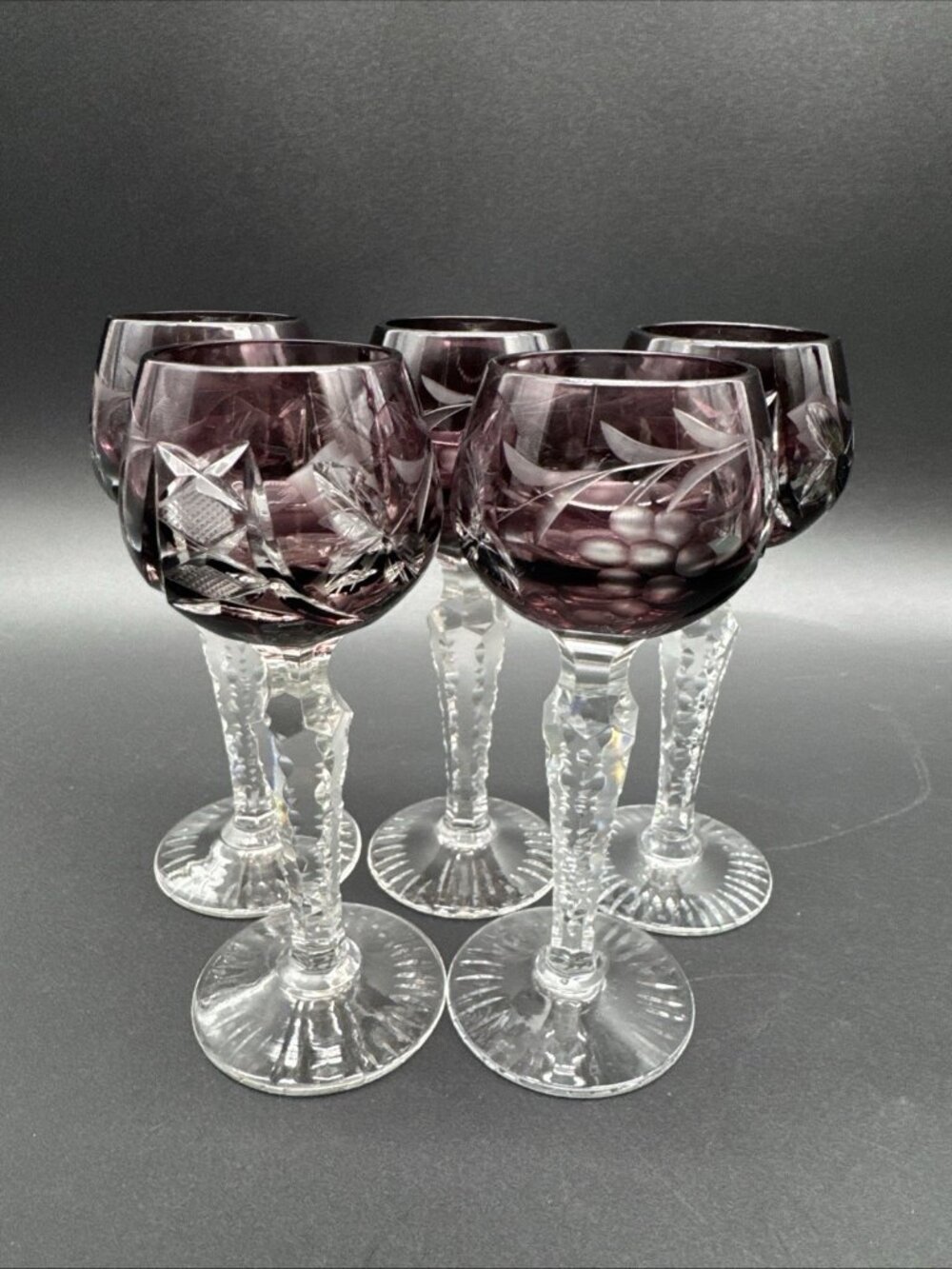 Set 5 LAUSITZER ? Amethyst CUT TO CLEAR 5 1/4" CORDIAL LIQUEUR WINE GLASS Grape